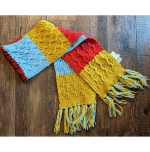 BP Nordstrom Fringe Trim Heavy Knit Muffler Scarf Red, Gold, Blue Colorblock NWT